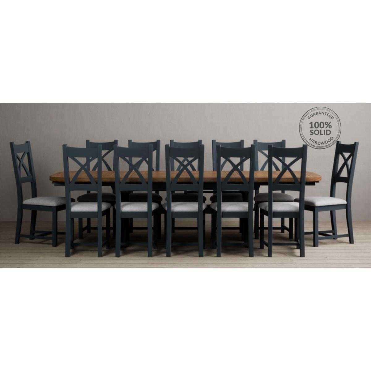 Atlas 180cm Oak and Dark Blue Extending Dining Table With 10 Blue X Back Chairs – image 14