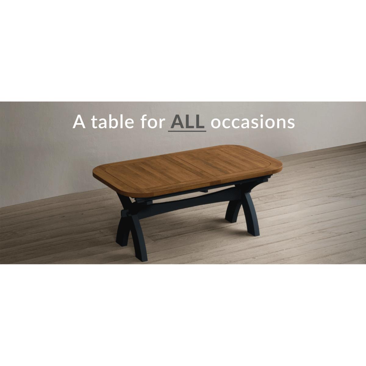 Atlas 180cm Oak and Dark Blue Extending Dining Table With 10 Blue X Back Chairs – image 15