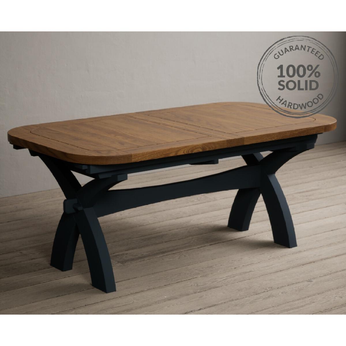 Atlas 180cm Oak and Dark Blue Extending Dining Table With 10 Blue X Back Chairs – image 17