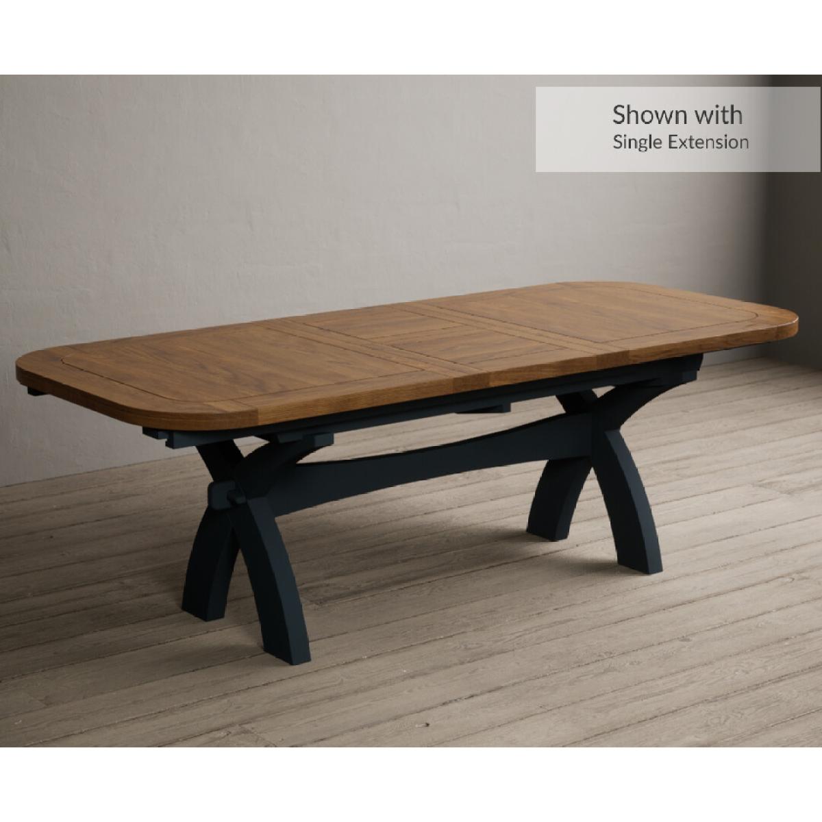 Atlas 180cm Oak and Dark Blue Extending Dining Table With 10 Blue X Back Chairs – image 21