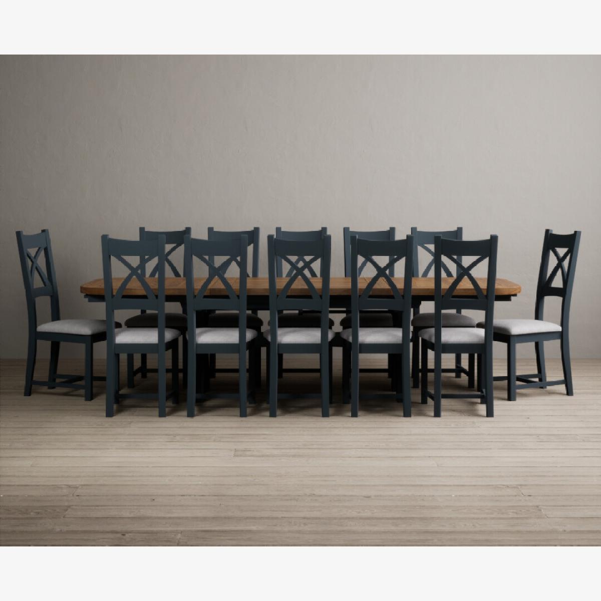 Atlas 180cm Oak and Dark Blue Extending Dining Table With 10 Blue X Back Chairs – image 1