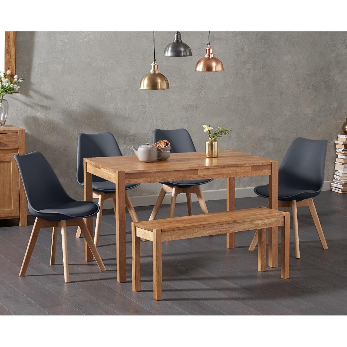 York 150cm Solid Oak Dining Table With 4 Dark Grey Orson Faux Leather Chairs And 1 York Bench – image 2