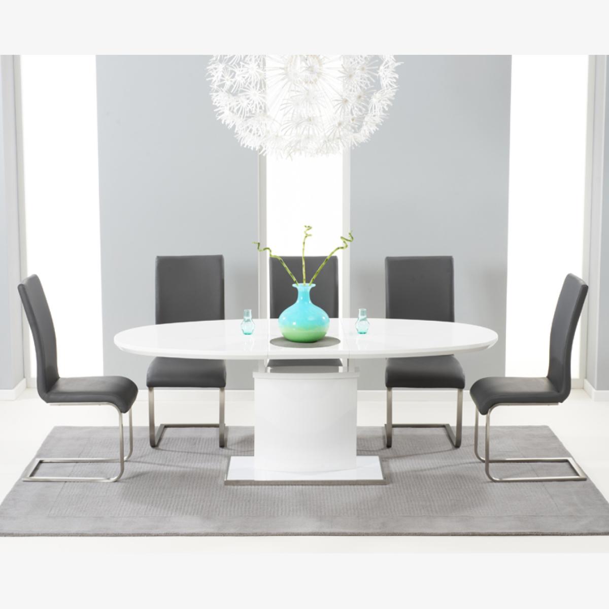 Santana 160cm White High Gloss Extending Pedestal Dining Table With 8 Grey Malaga Chairs