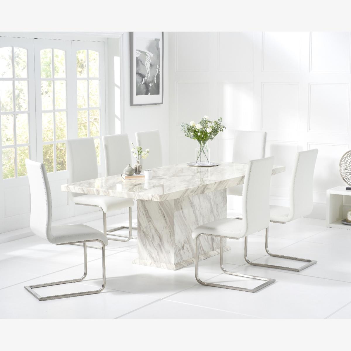 Calacatta 220cm Marble-Effect Dining Table With 6 White Malaga Chairs
