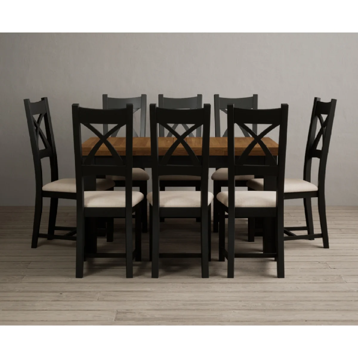 Extending Buxton 140cm Oak and Black Painted Dining Table with 8 Linen Painted Chairs – image 2