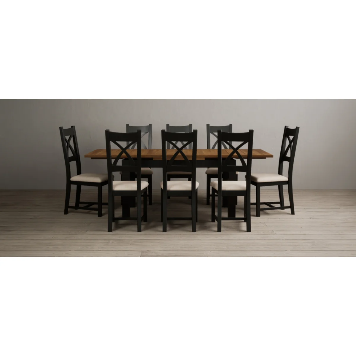 Extending Buxton 140cm Oak and Black Painted Dining Table with 8 Linen Painted Chairs – image 11