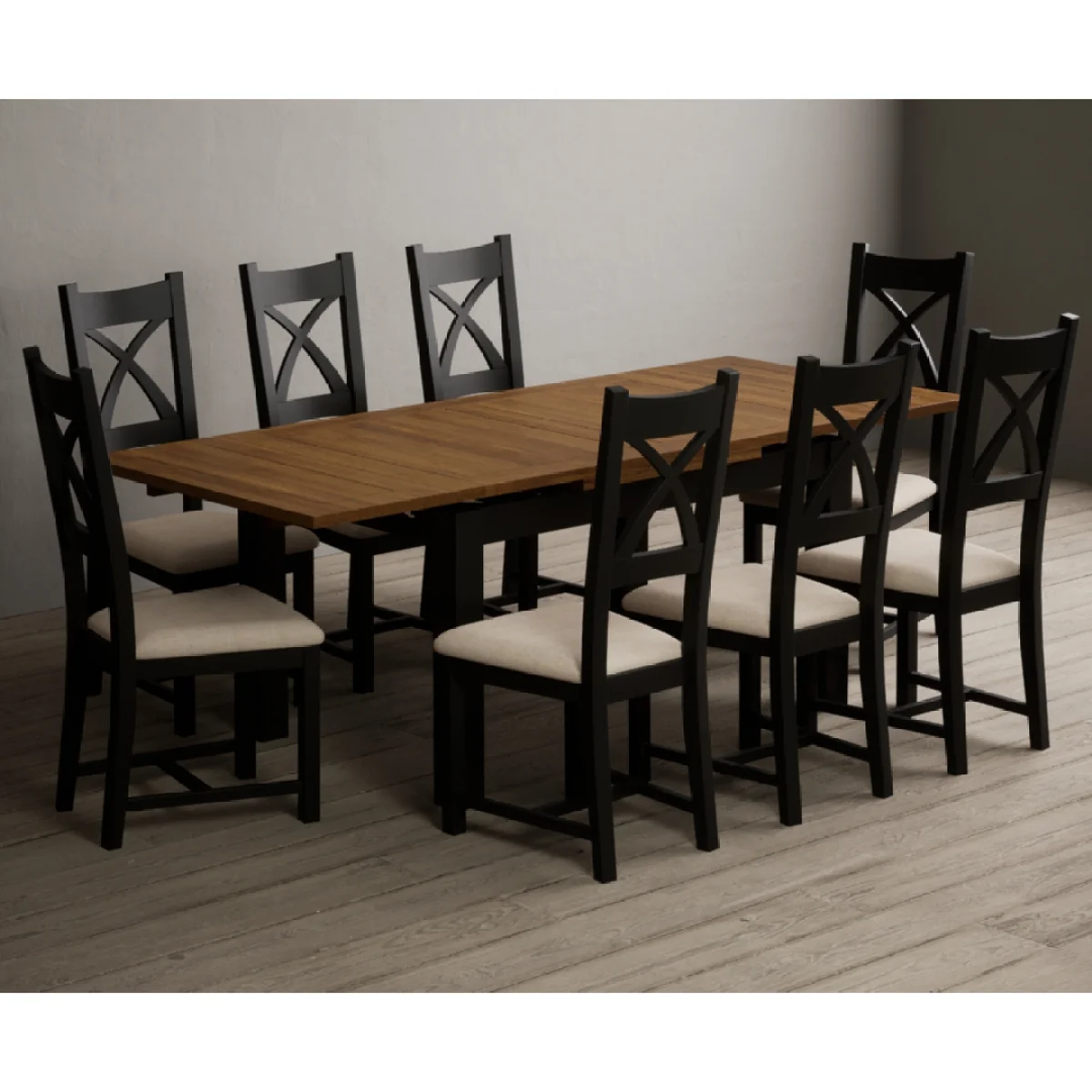 Extending Buxton 140cm Oak and Black Painted Dining Table with 8 Linen Painted Chairs – image 3