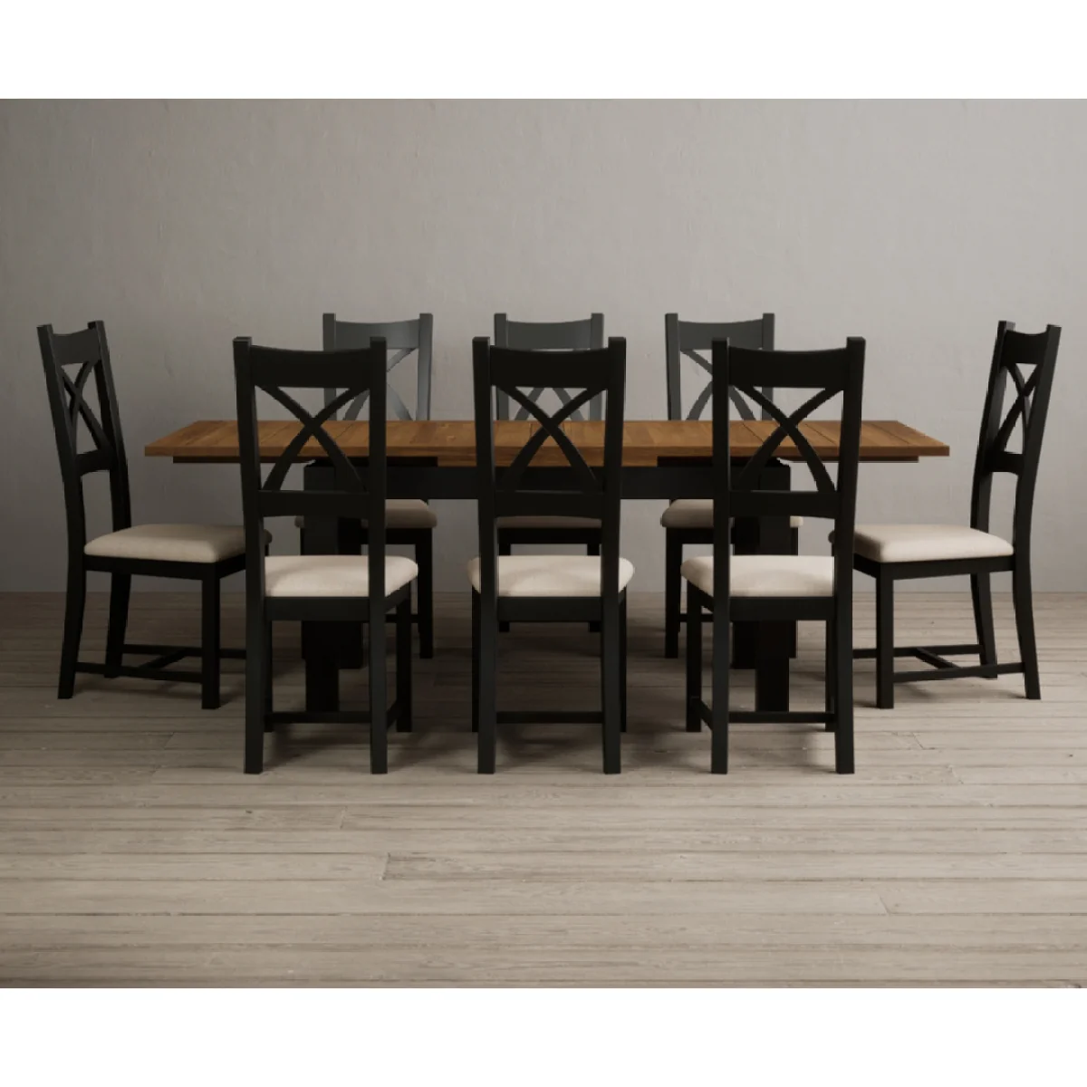 Extending Buxton 140cm Oak and Black Painted Dining Table with 8 Linen Painted Chairs – image 4