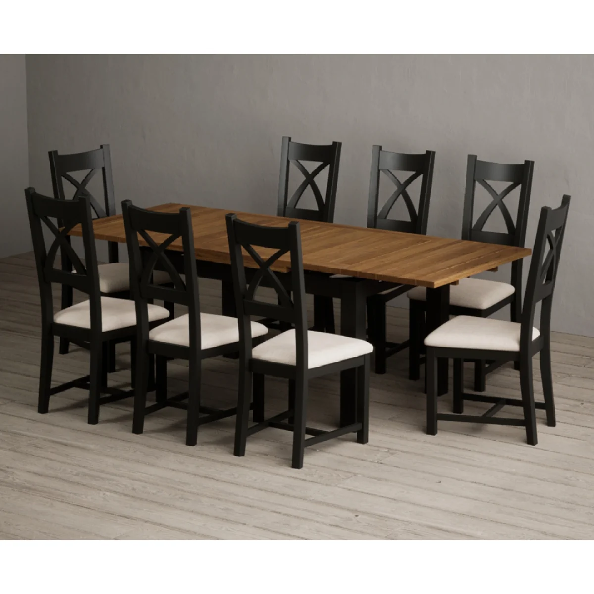 Extending Buxton 140cm Oak and Black Painted Dining Table with 8 Linen Painted Chairs – image 5