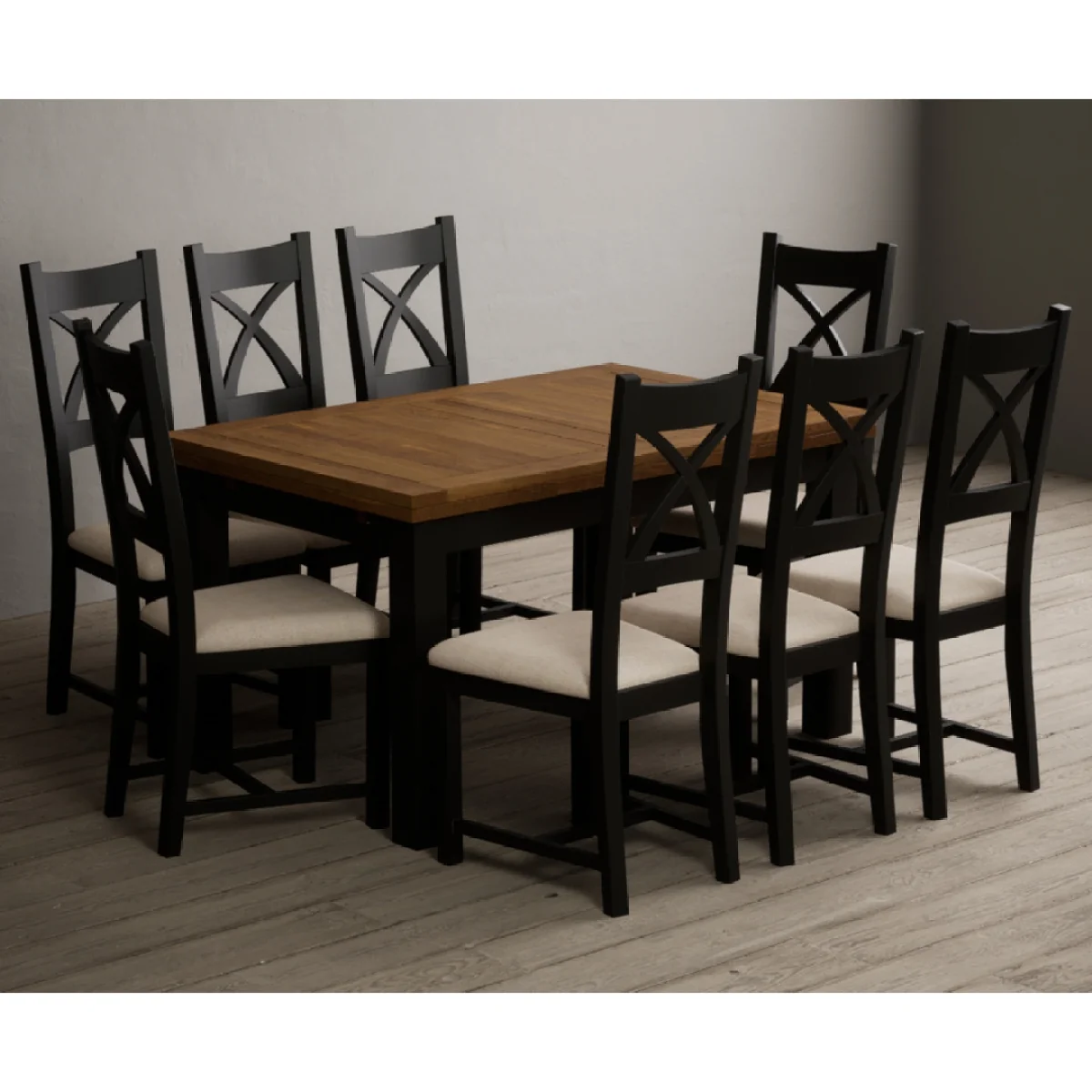 Extending Buxton 140cm Oak and Black Painted Dining Table with 8 Linen Painted Chairs – image 6