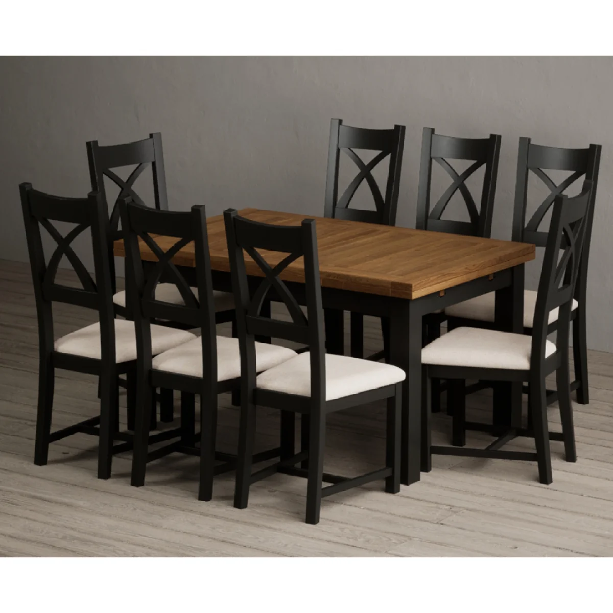 Extending Buxton 140cm Oak and Black Painted Dining Table with 8 Linen Painted Chairs – image 7