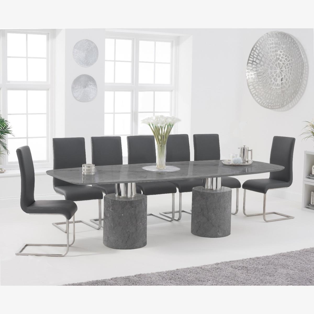 Antonio 260cm Grey Marble Dining Table With 10 White Malaga Chairs