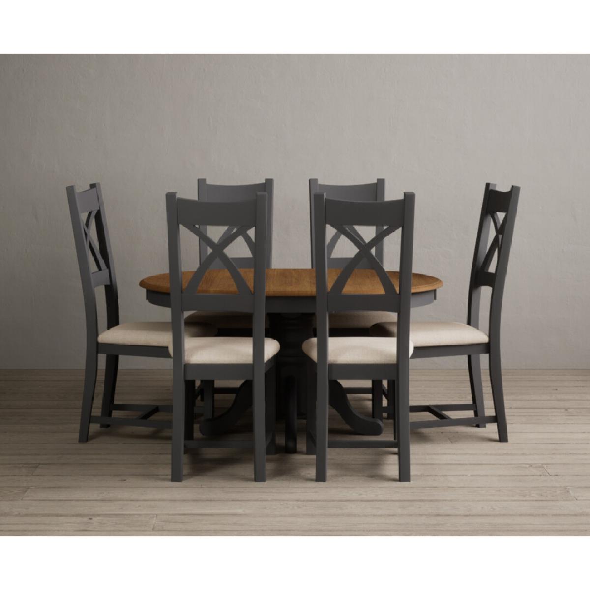 Extending Hertford 100cm - 130cm Oak and Charcoal Grey Painted Pedestal Dining Table with 4 Linen Painted Chairs – image 2