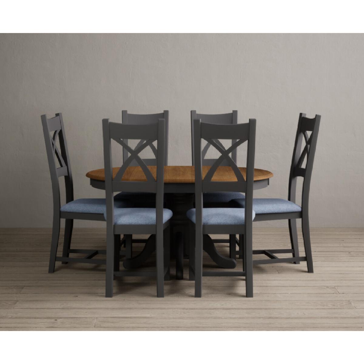 Extending Hertford 100cm - 130cm Oak and Charcoal Grey Painted Pedestal Dining Table with 4 Linen Painted Chairs – image 12