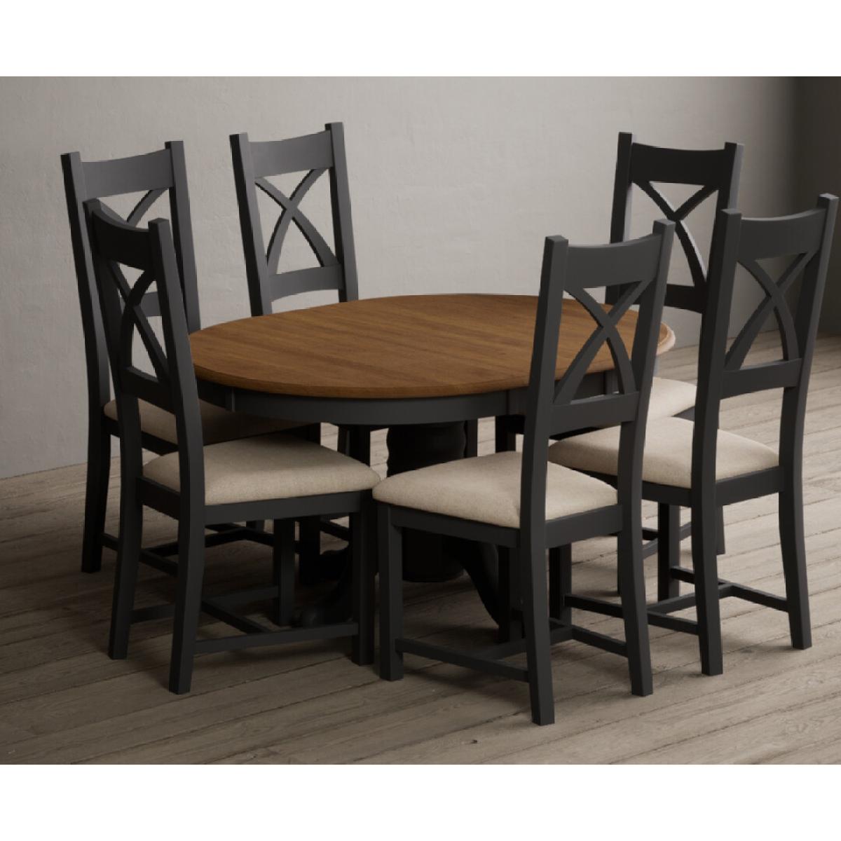 Extending Hertford 100cm - 130cm Oak and Charcoal Grey Painted Pedestal Dining Table with 4 Linen Painted Chairs – image 3