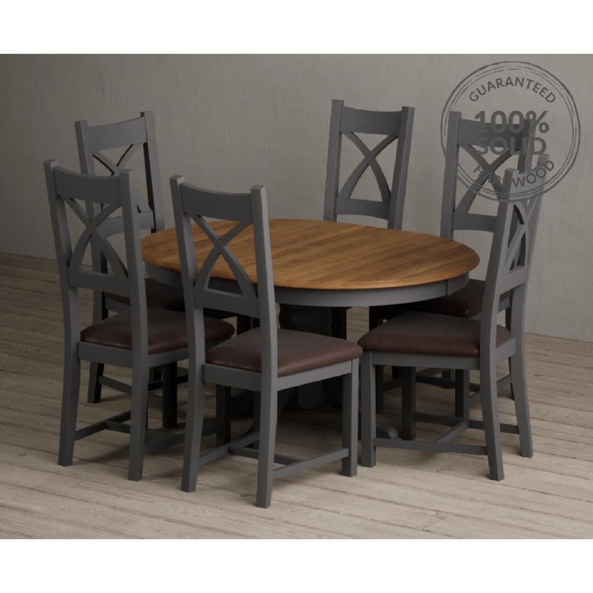 Extending Hertford 100cm - 130cm Oak and Charcoal Grey Painted Pedestal Dining Table with 4 Linen Painted Chairs – image 22