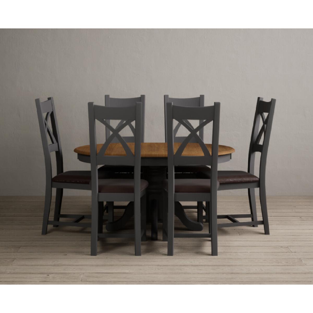Extending Hertford 100cm - 130cm Oak and Charcoal Grey Painted Pedestal Dining Table with 4 Linen Painted Chairs – image 23