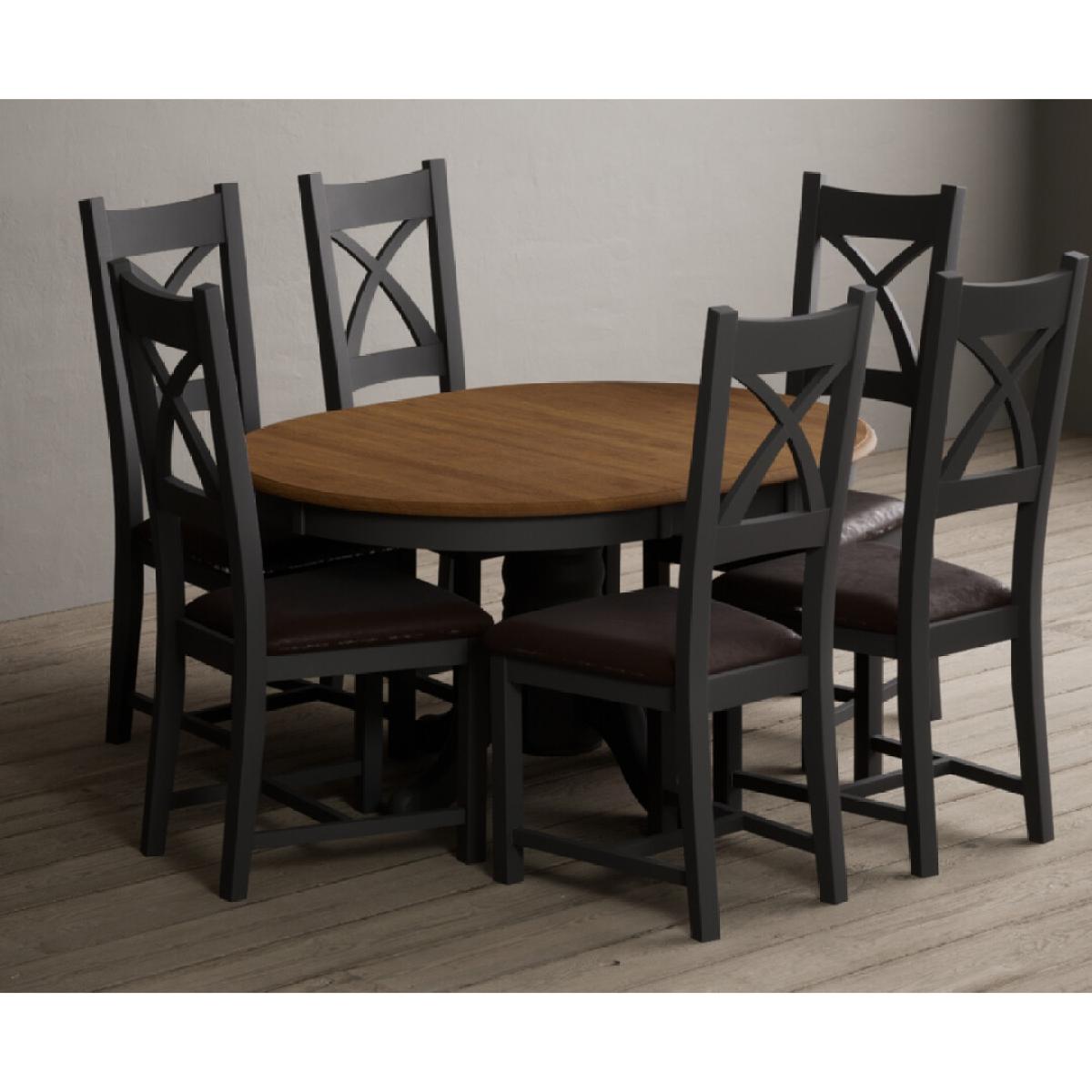 Extending Hertford 100cm - 130cm Oak and Charcoal Grey Painted Pedestal Dining Table with 4 Linen Painted Chairs – image 24
