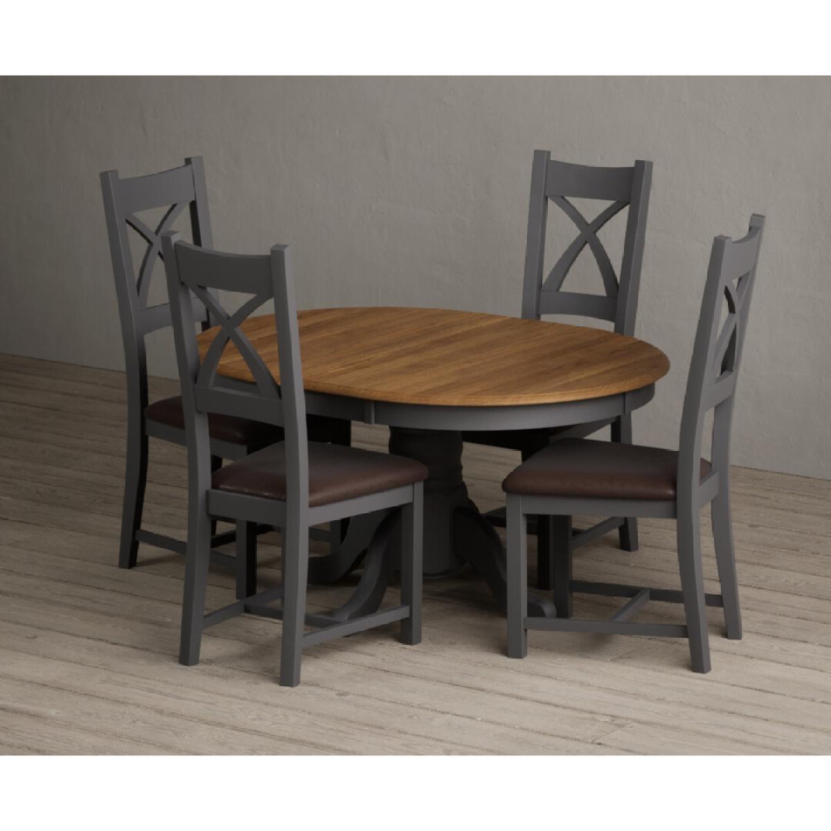 Extending Hertford 100cm - 130cm Oak and Charcoal Grey Painted Pedestal Dining Table with 4 Linen Painted Chairs – image 25