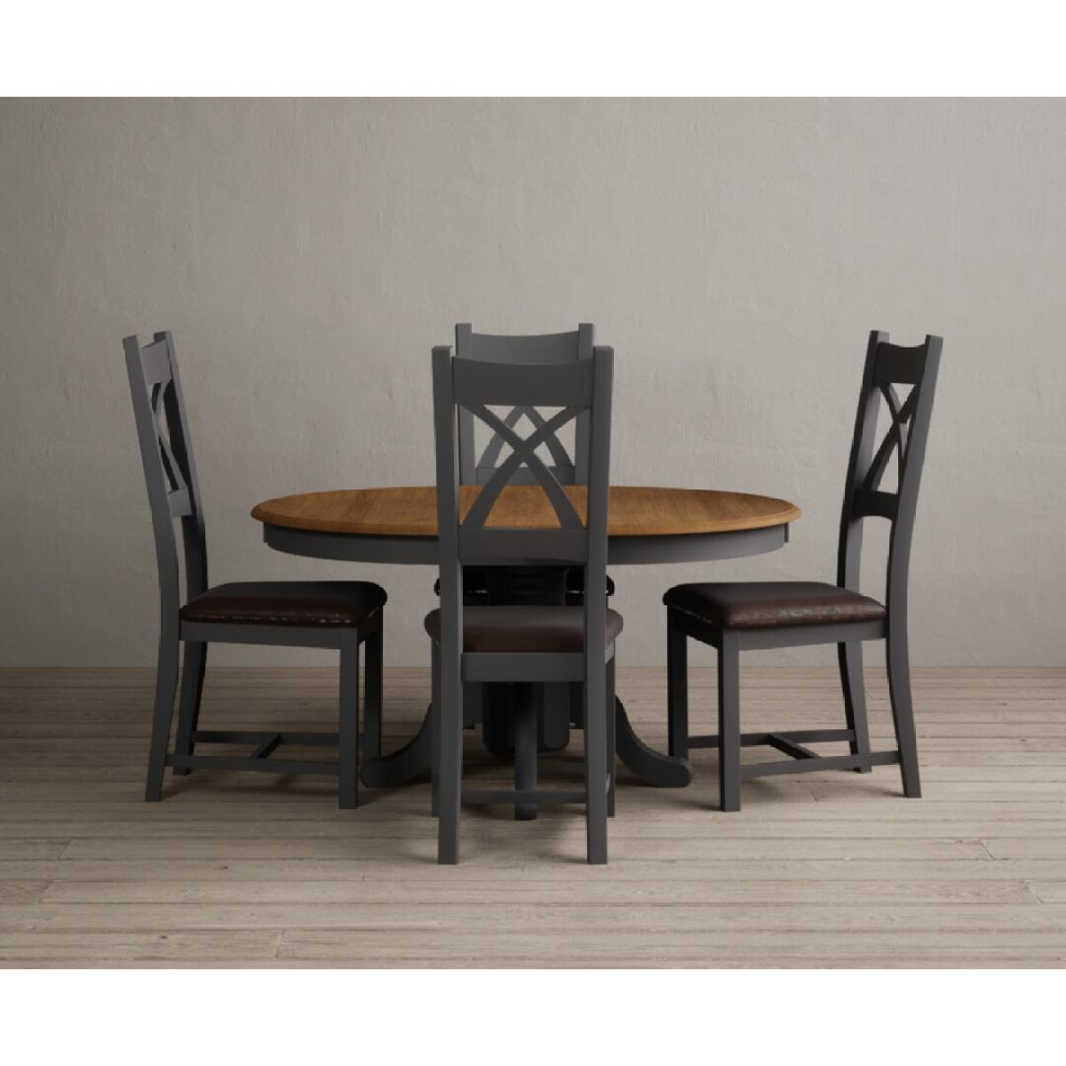 Extending Hertford 100cm - 130cm Oak and Charcoal Grey Painted Pedestal Dining Table with 4 Linen Painted Chairs – image 26
