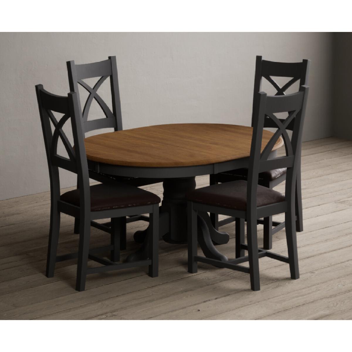 Extending Hertford 100cm - 130cm Oak and Charcoal Grey Painted Pedestal Dining Table with 4 Linen Painted Chairs – image 27