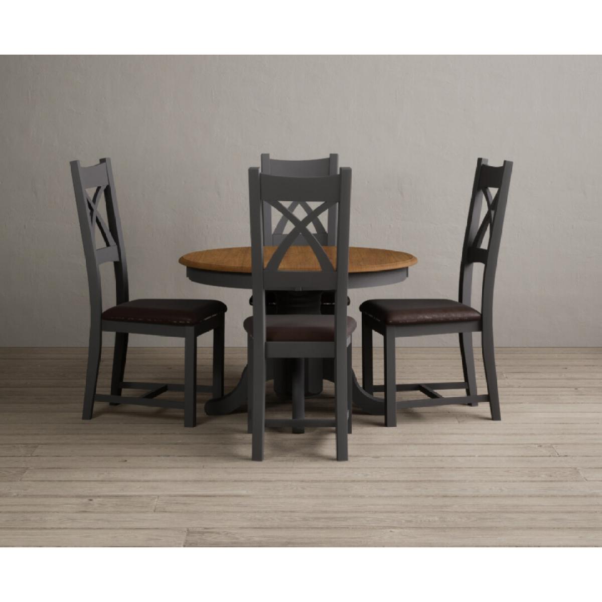 Extending Hertford 100cm - 130cm Oak and Charcoal Grey Painted Pedestal Dining Table with 4 Linen Painted Chairs – image 29