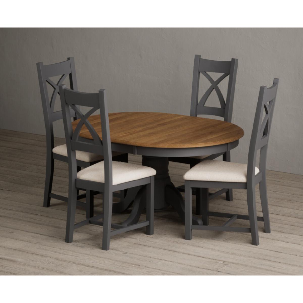 Extending Hertford 100cm - 130cm Oak and Charcoal Grey Painted Pedestal Dining Table with 4 Linen Painted Chairs – image 4