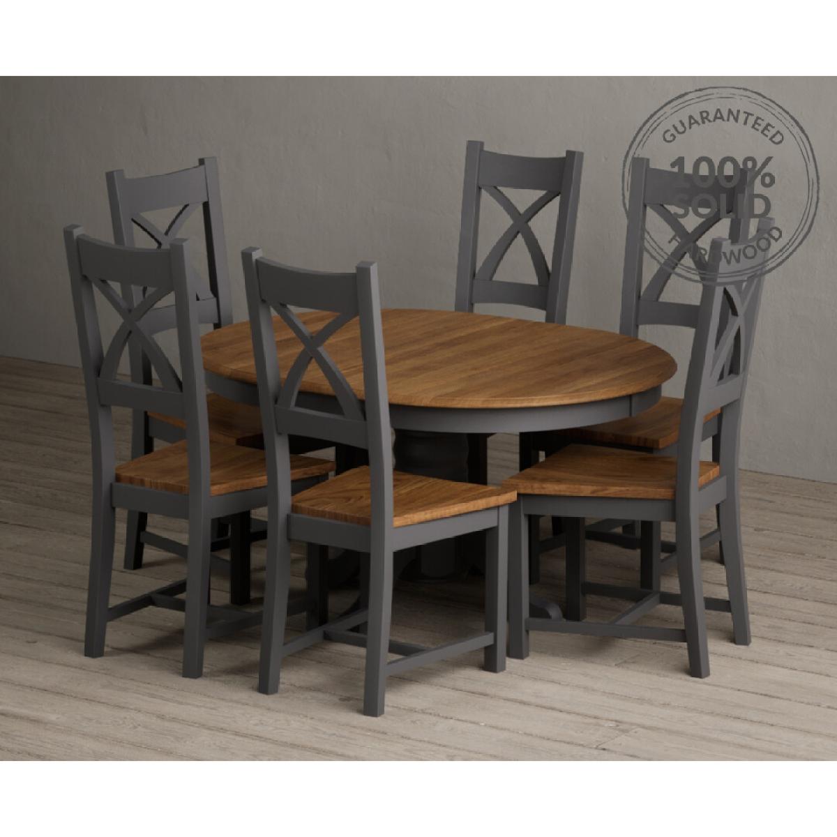 Extending Hertford 100cm - 130cm Oak and Charcoal Grey Painted Pedestal Dining Table with 4 Linen Painted Chairs – image 33