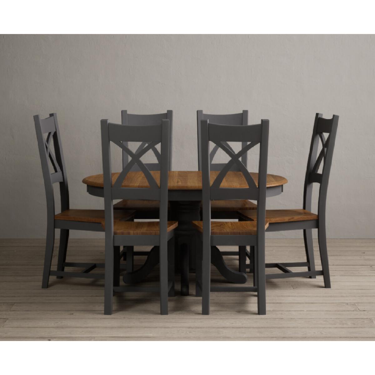 Extending Hertford 100cm - 130cm Oak and Charcoal Grey Painted Pedestal Dining Table with 4 Linen Painted Chairs – image 34