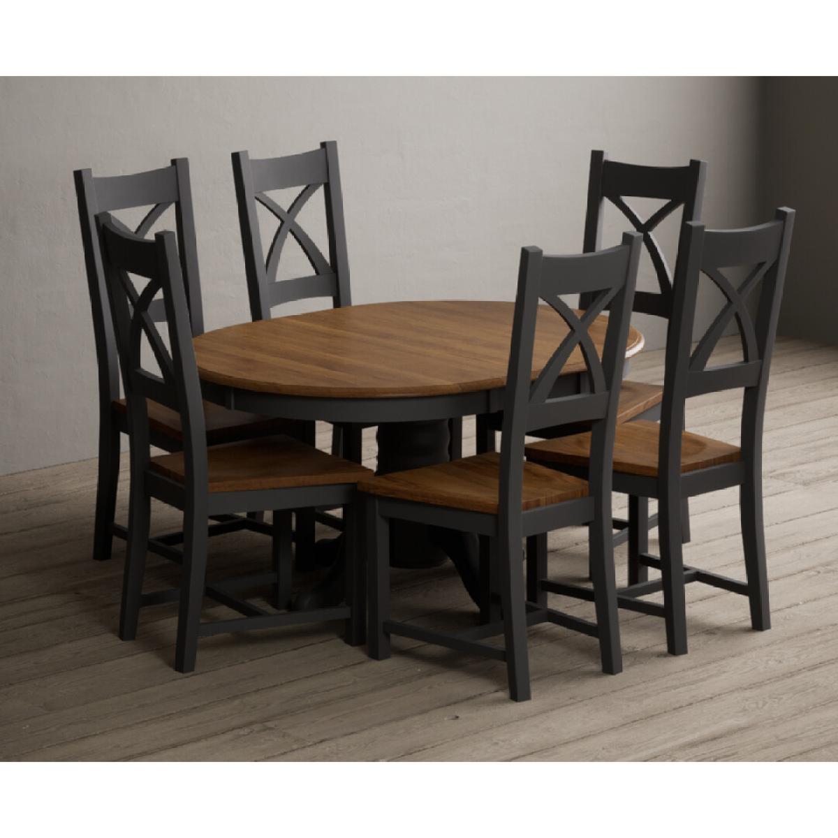 Extending Hertford 100cm - 130cm Oak and Charcoal Grey Painted Pedestal Dining Table with 4 Linen Painted Chairs – image 35
