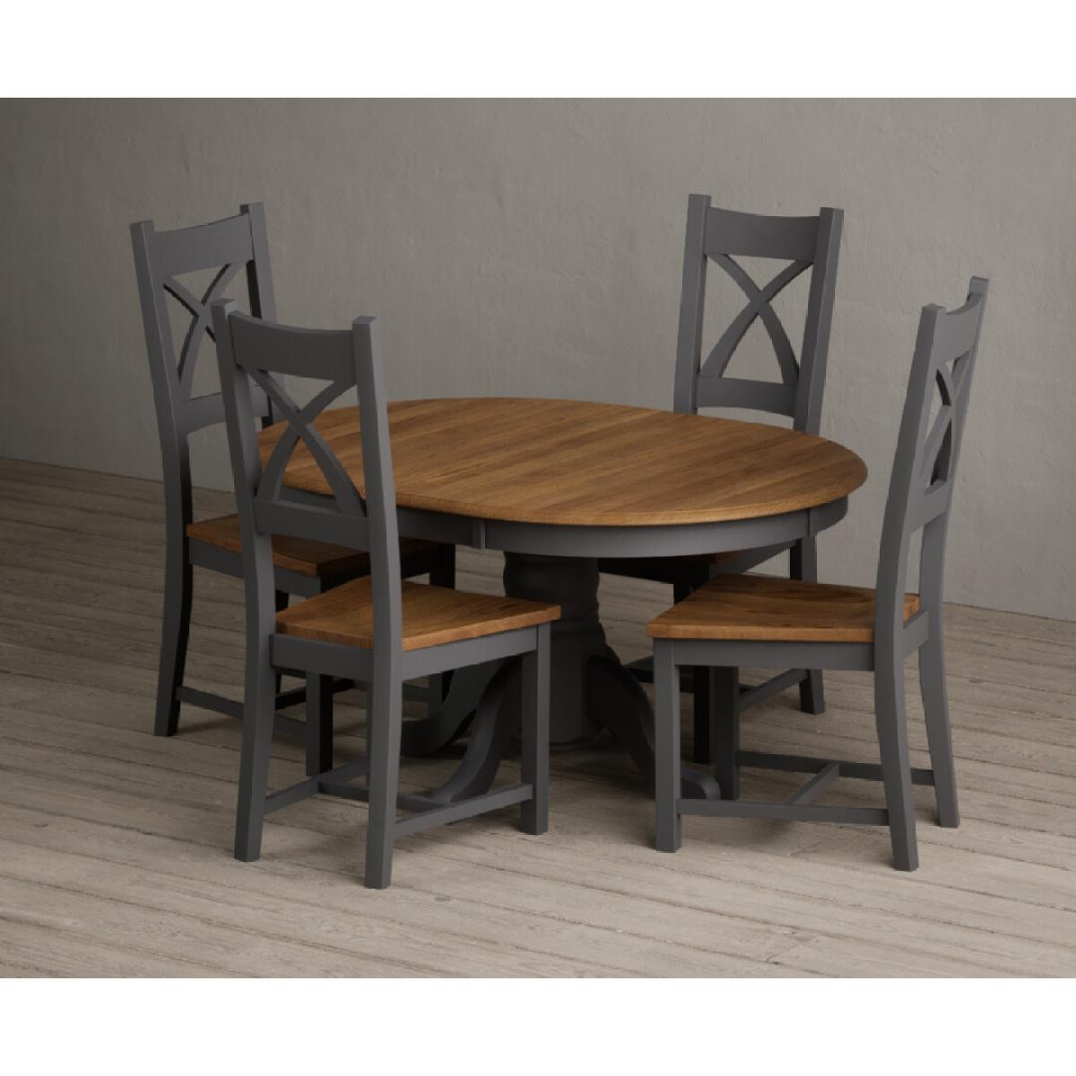 Extending Hertford 100cm - 130cm Oak and Charcoal Grey Painted Pedestal Dining Table with 4 Linen Painted Chairs – image 36