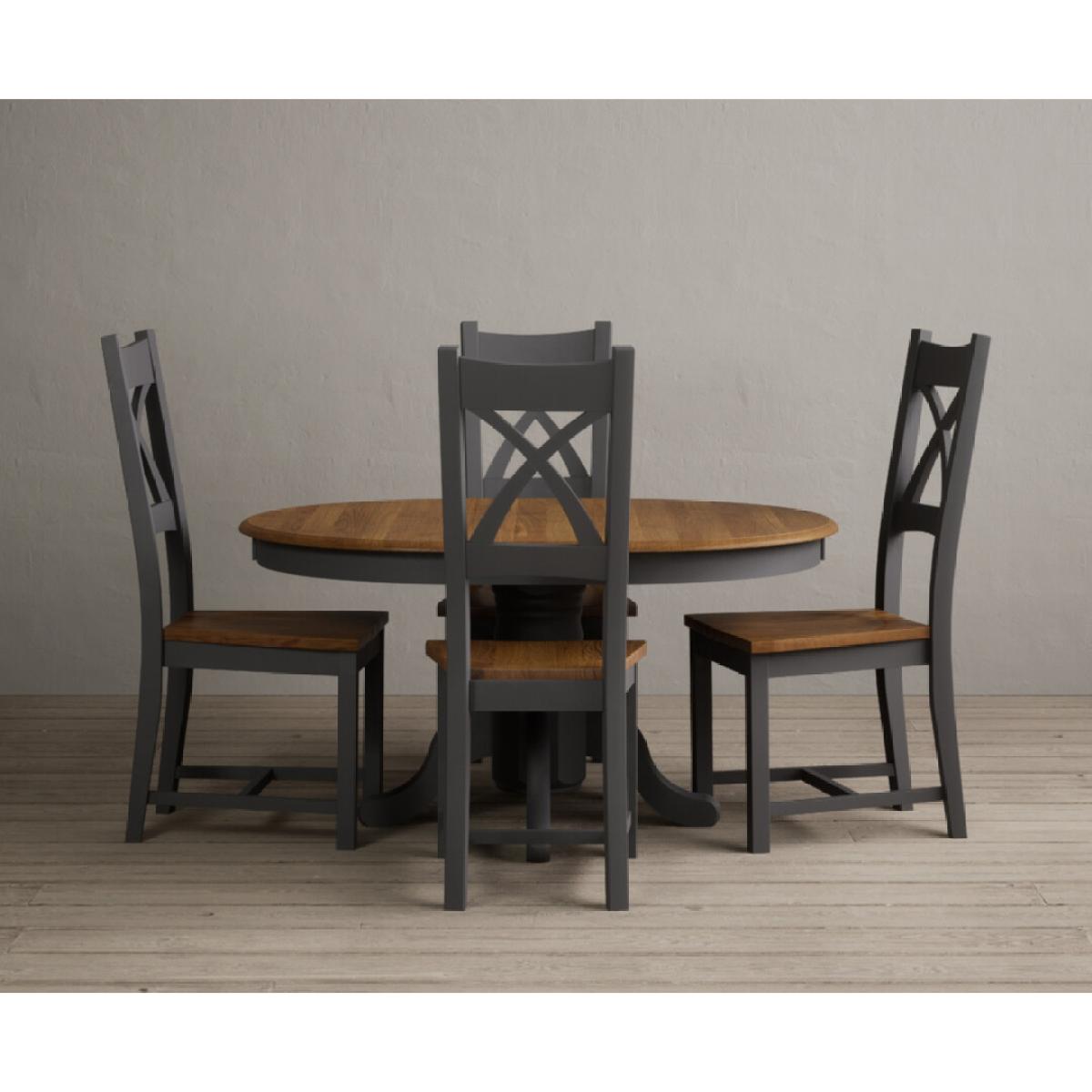 Extending Hertford 100cm - 130cm Oak and Charcoal Grey Painted Pedestal Dining Table with 4 Linen Painted Chairs – image 37