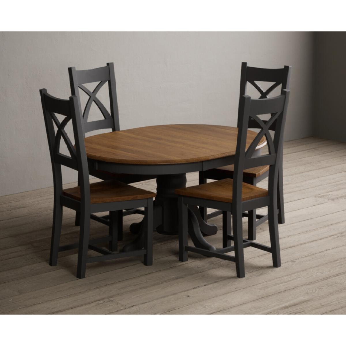Extending Hertford 100cm - 130cm Oak and Charcoal Grey Painted Pedestal Dining Table with 4 Linen Painted Chairs – image 38