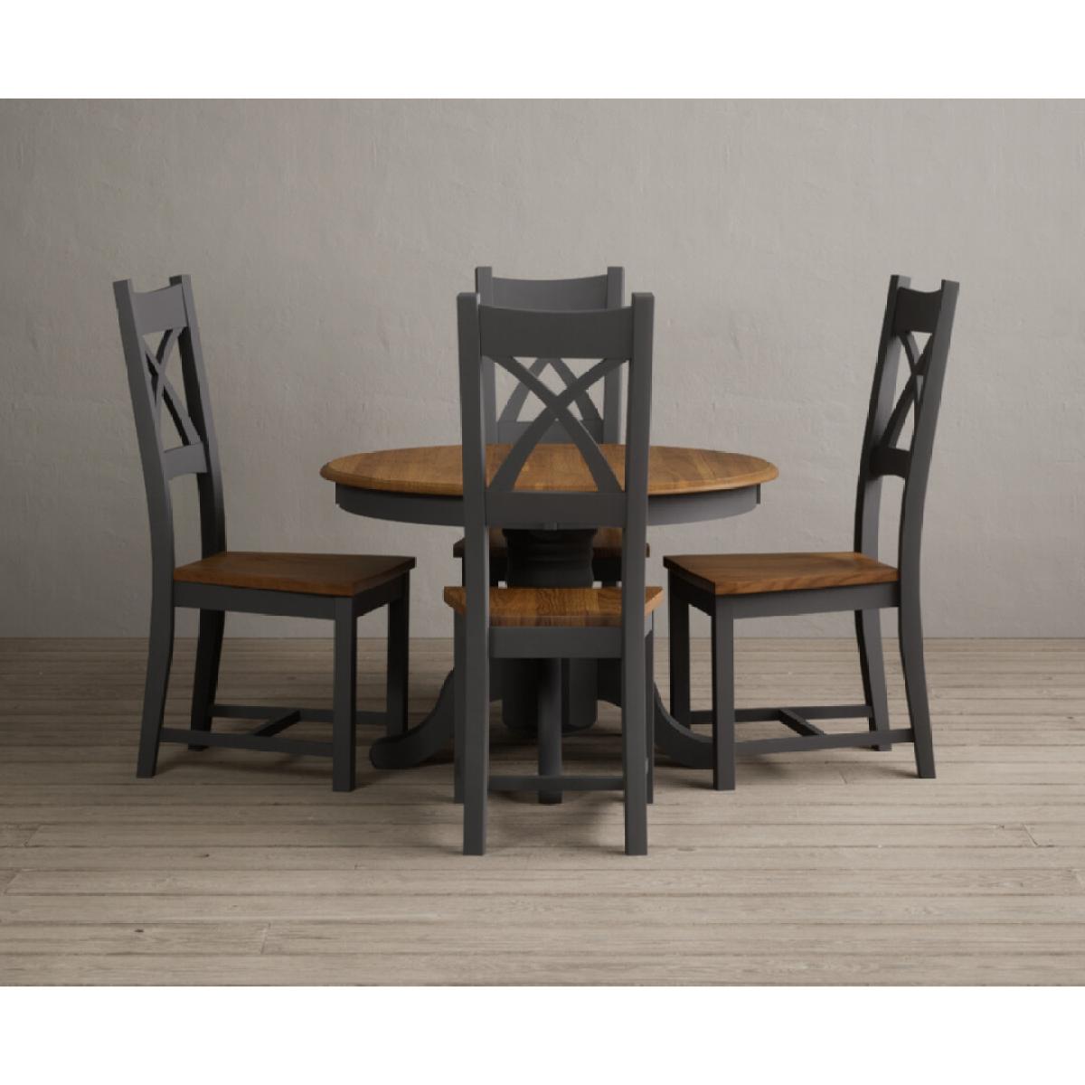 Extending Hertford 100cm - 130cm Oak and Charcoal Grey Painted Pedestal Dining Table with 4 Linen Painted Chairs – image 40