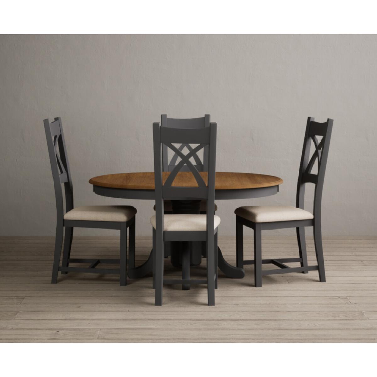 Extending Hertford 100cm - 130cm Oak and Charcoal Grey Painted Pedestal Dining Table with 4 Linen Painted Chairs – image 5