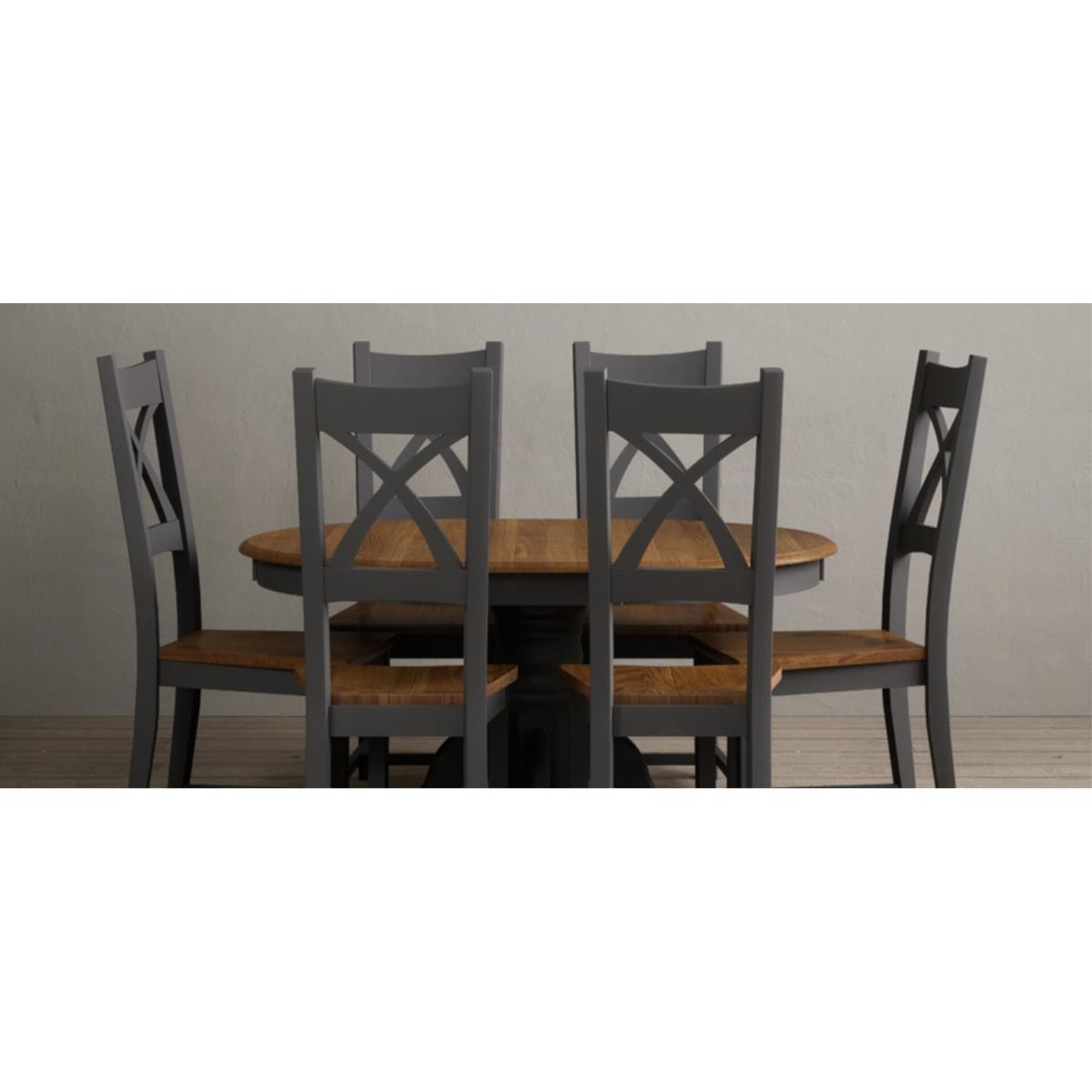 Extending Hertford 100cm - 130cm Oak and Charcoal Grey Painted Pedestal Dining Table with 4 Linen Painted Chairs – image 49