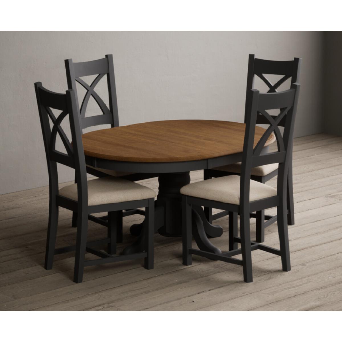 Extending Hertford 100cm - 130cm Oak and Charcoal Grey Painted Pedestal Dining Table with 4 Linen Painted Chairs – image 6