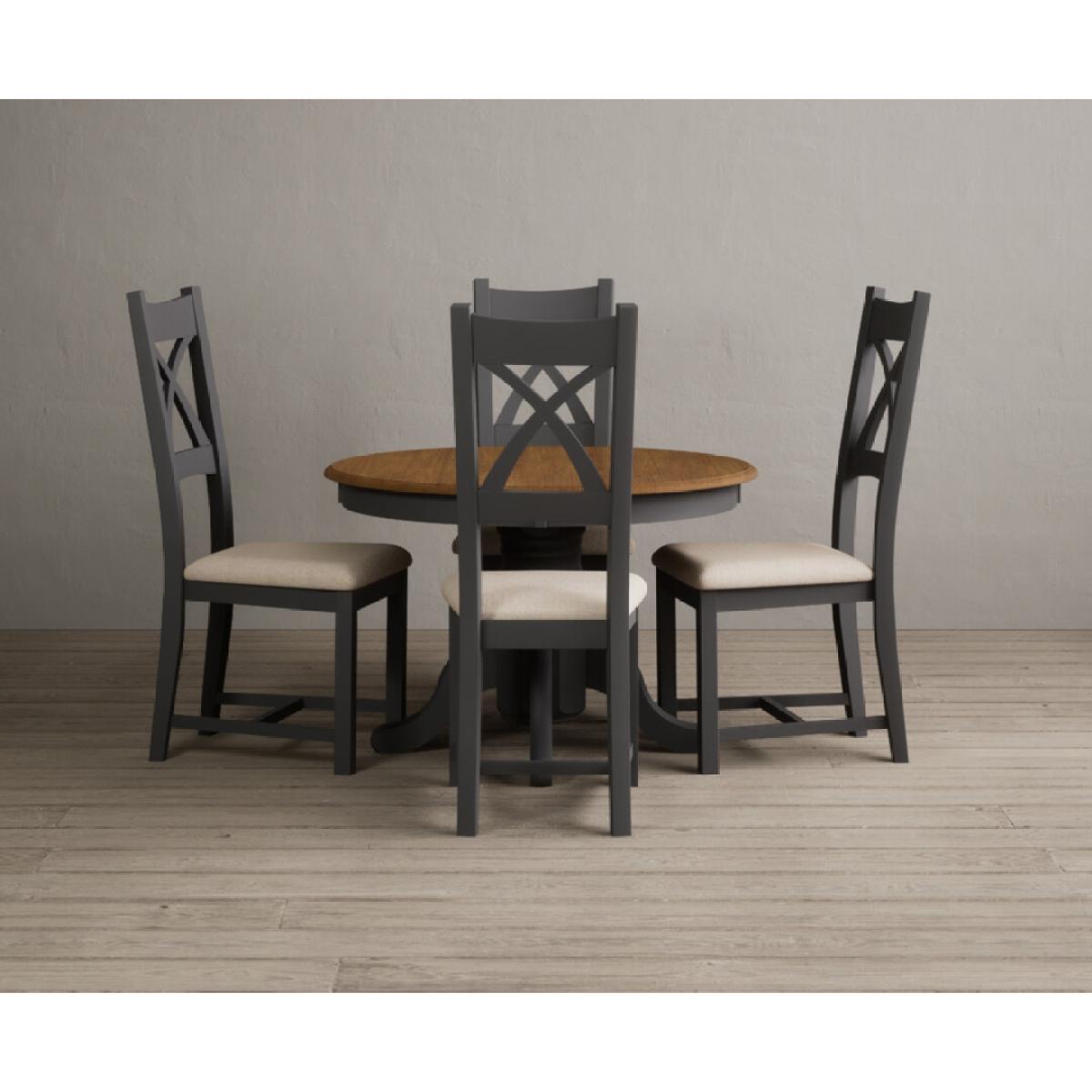 Extending Hertford 100cm - 130cm Oak and Charcoal Grey Painted Pedestal Dining Table with 4 Linen Painted Chairs – image 7