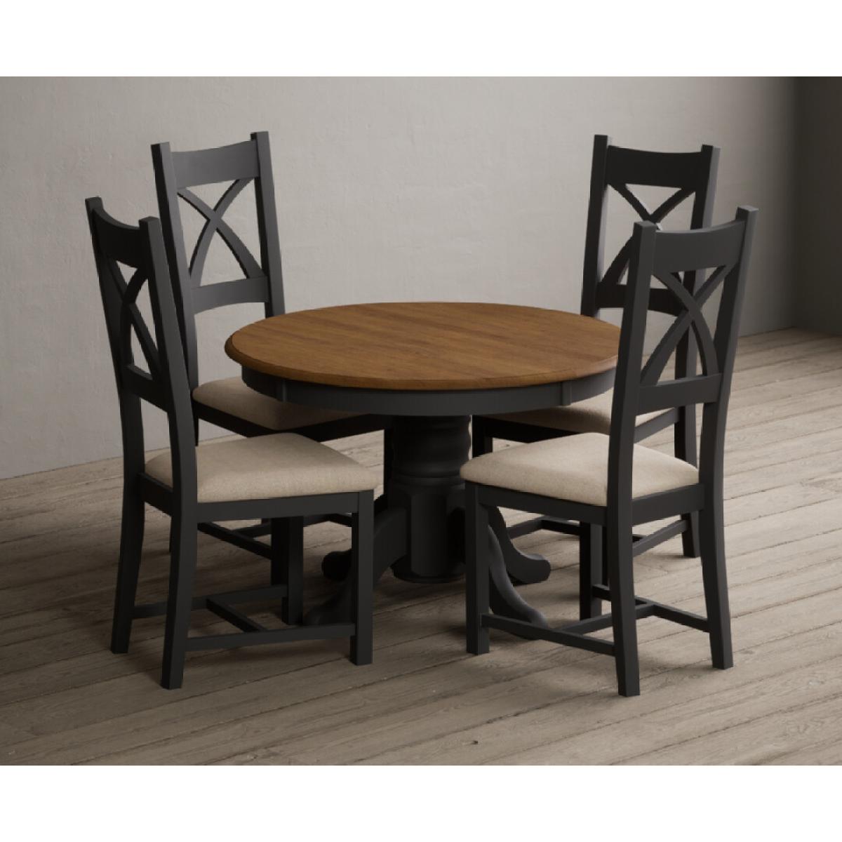 Extending Hertford 100cm - 130cm Oak and Charcoal Grey Painted Pedestal Dining Table with 4 Linen Painted Chairs – image 8