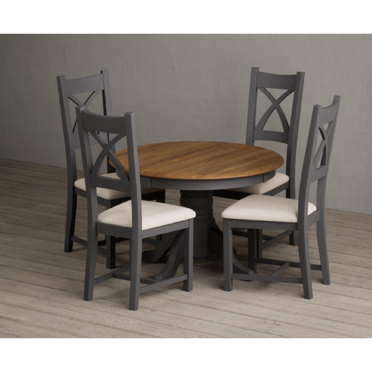 Extending Hertford 100cm - 130cm Oak and Charcoal Grey Painted Pedestal Dining Table with 4 Linen Painted Chairs – image 9