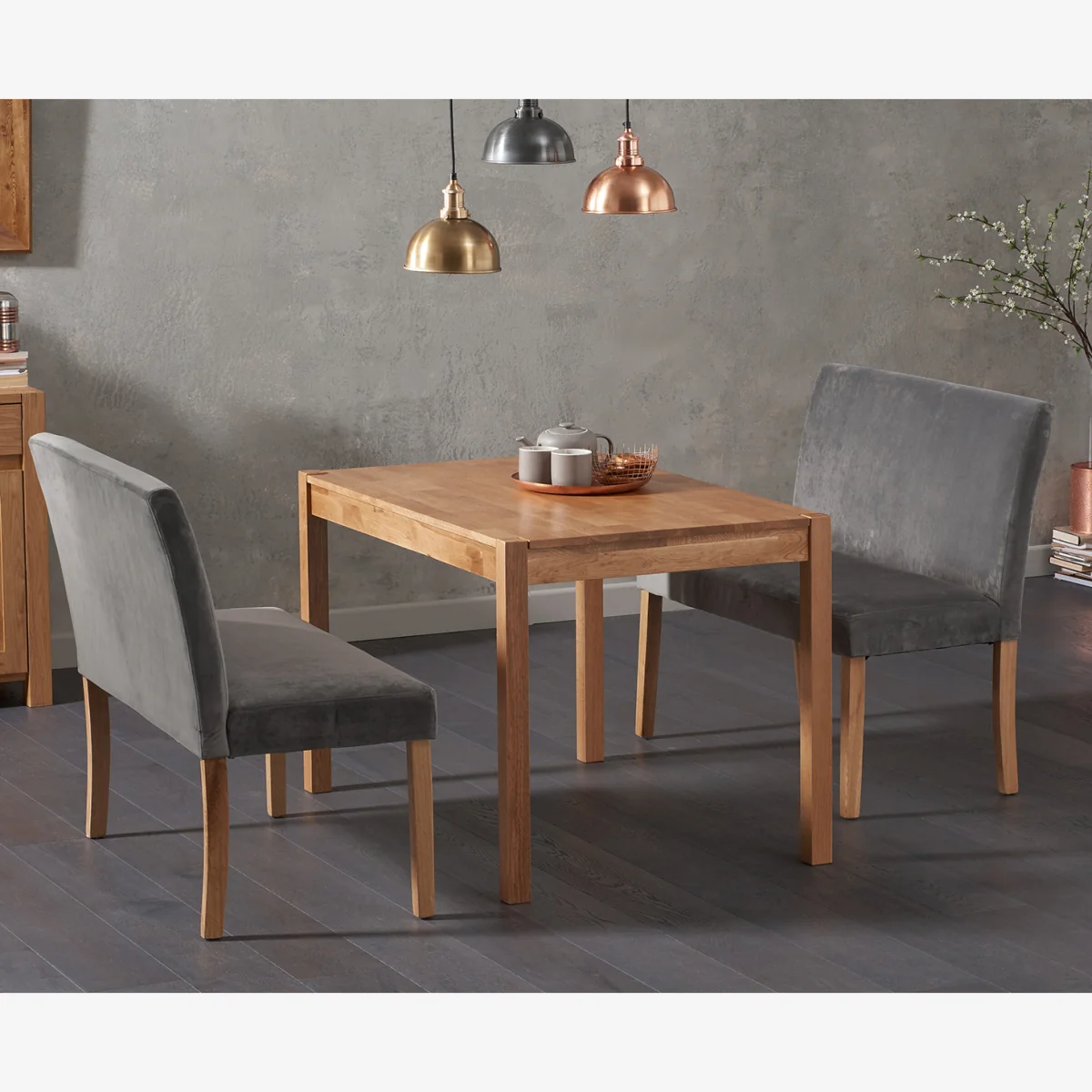 York 120cm Solid Oak Dining Table with Lila Grey Velvet Benches with Backs