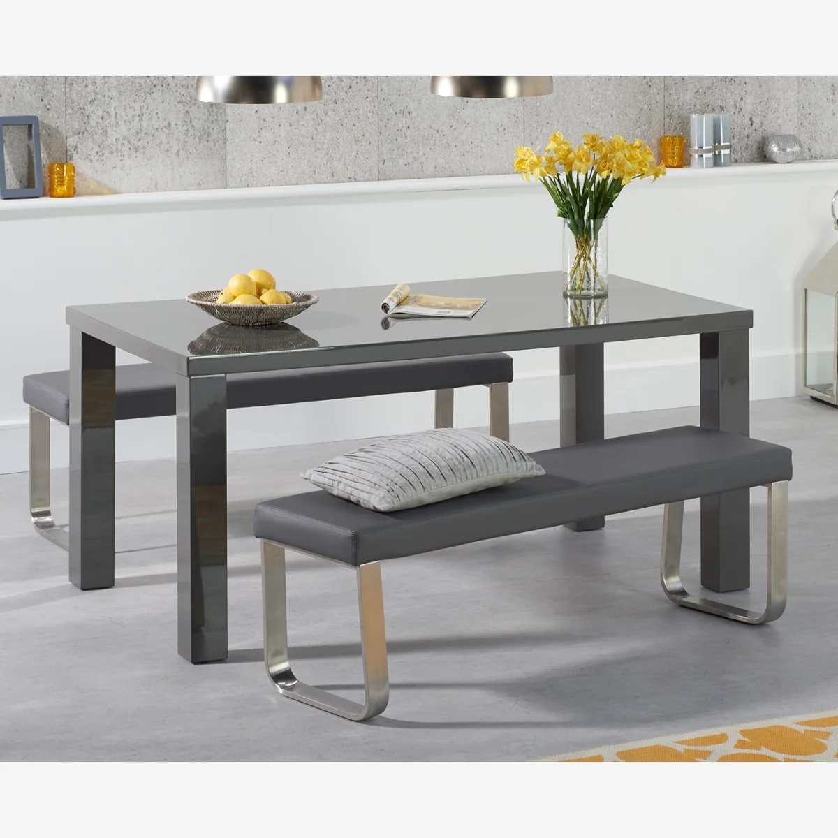Seattle 160cm Dark Grey High Gloss Dining Table with Austin Benches