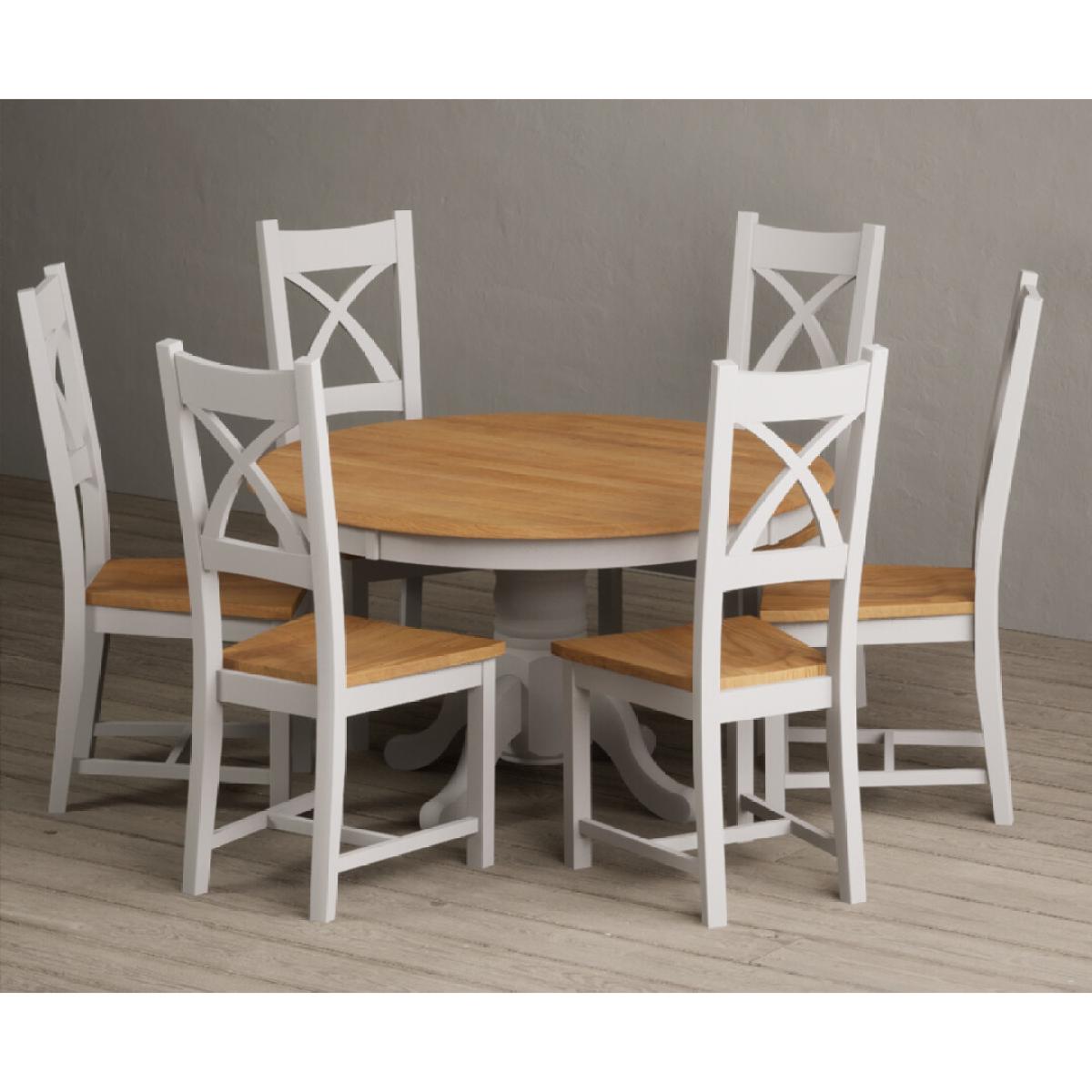 Hertford 120cm Fixed Top Oak and Soft White Painted Dining Table with 4 Brown Natural Solid Oak Chairs – image 5