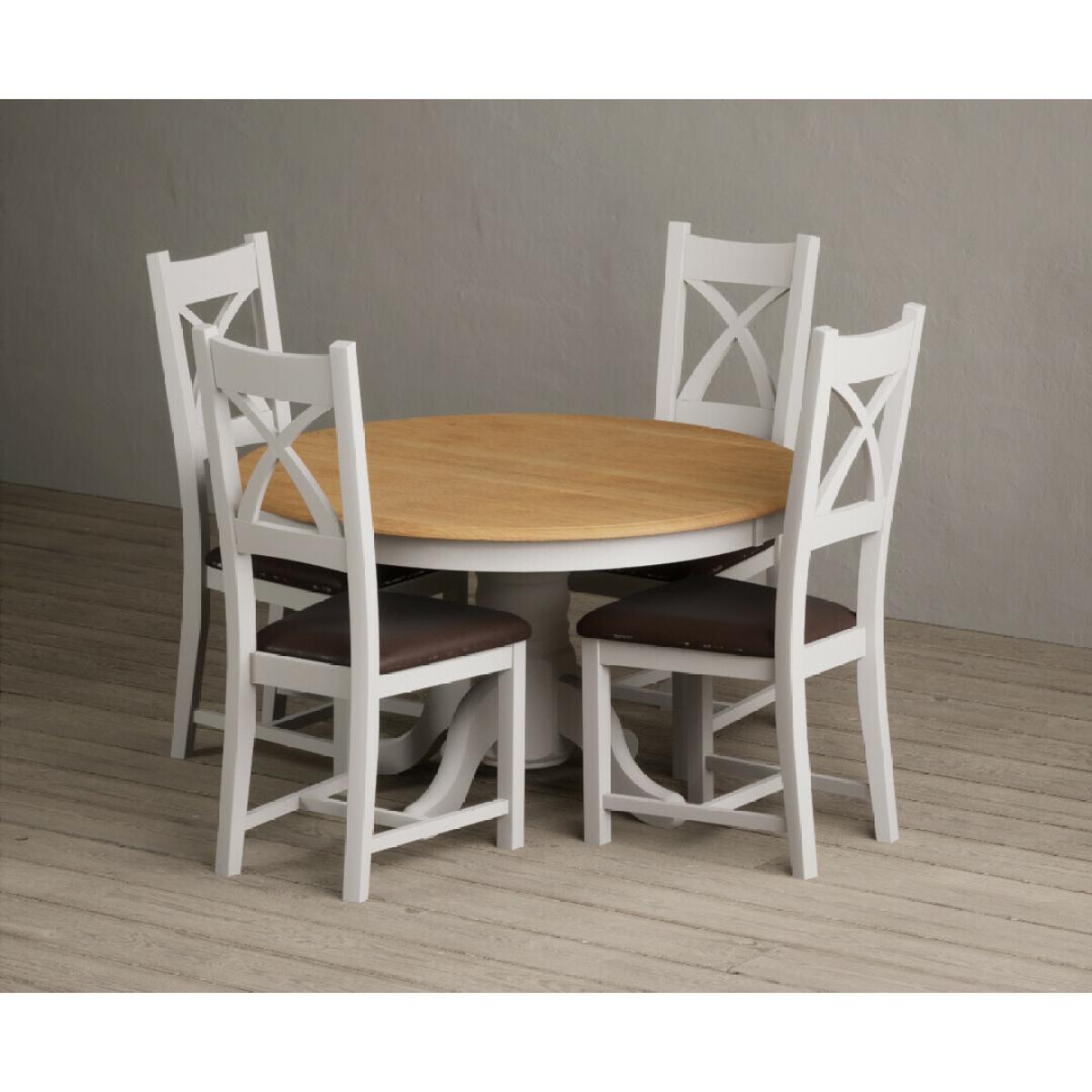 Hertford 120cm Fixed Top Oak and Soft White Painted Dining Table with 4 Brown Natural Solid Oak Chairs – image 9