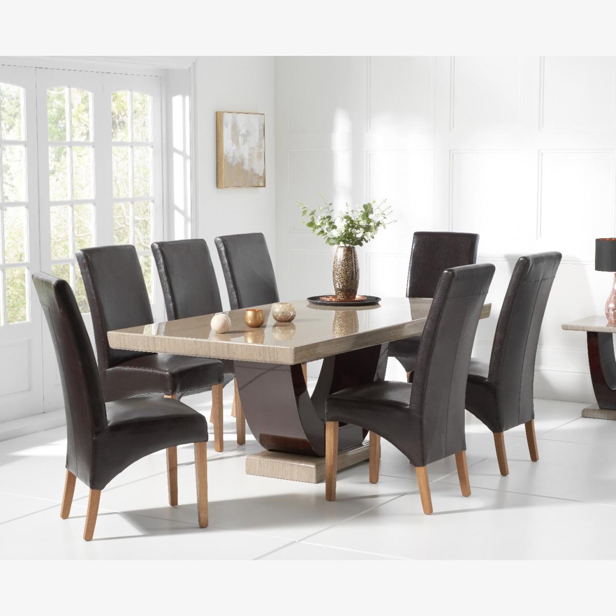 Raphael 200cm Brown Pedestal Marble Dining Table With 8 Cream Cannes Chairs