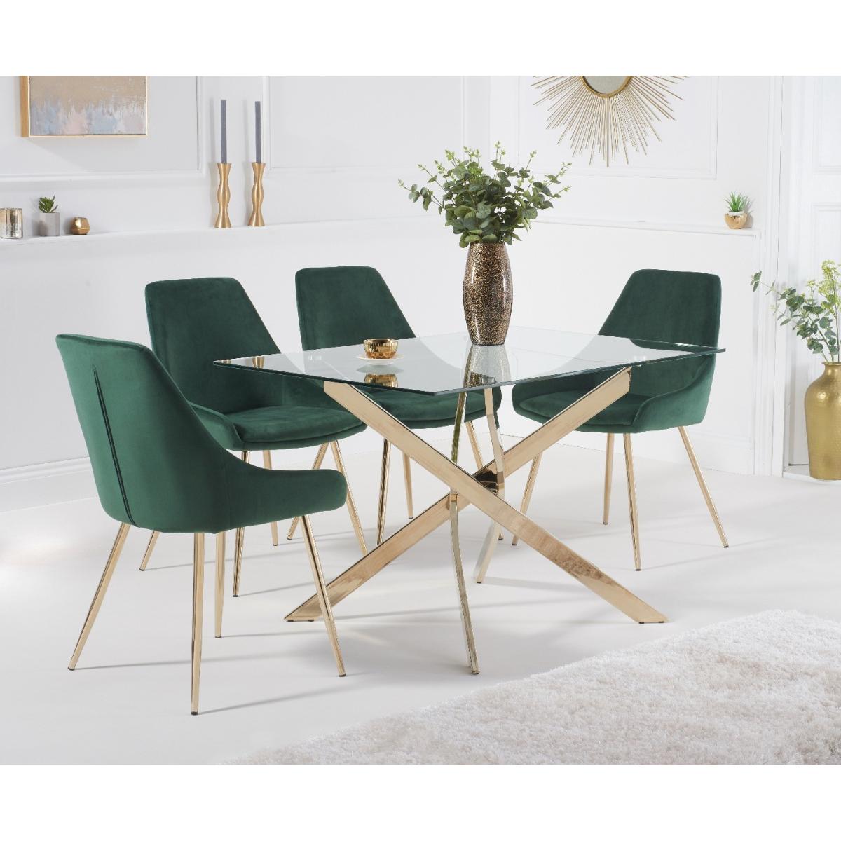 Denver 160cm Rectangular Gold Leg Glass Dining Table with Fern Velvet Chairs - Grey, 4 Chairs – image 2