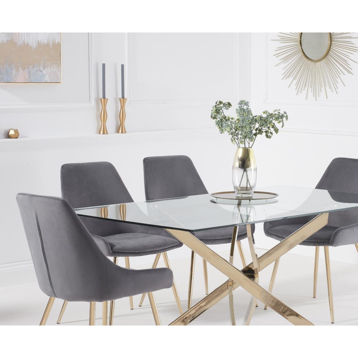 Denver 160cm Rectangular Gold Leg Glass Dining Table with Fern Velvet Chairs - Grey, 4 Chairs – image 3