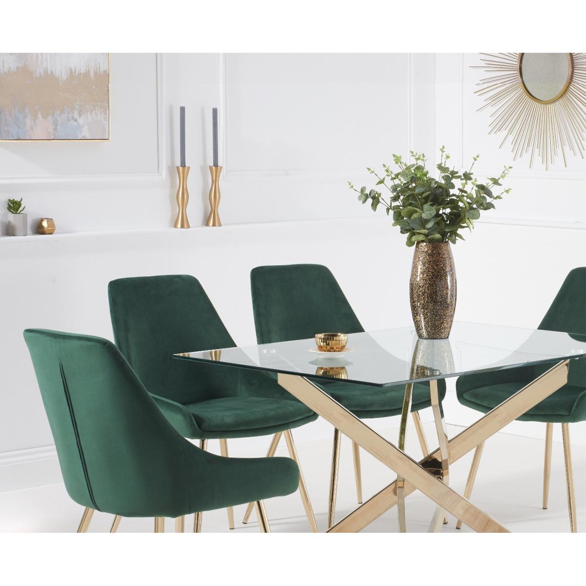 Denver 160cm Rectangular Gold Leg Glass Dining Table with Fern Velvet Chairs - Grey, 4 Chairs – image 4
