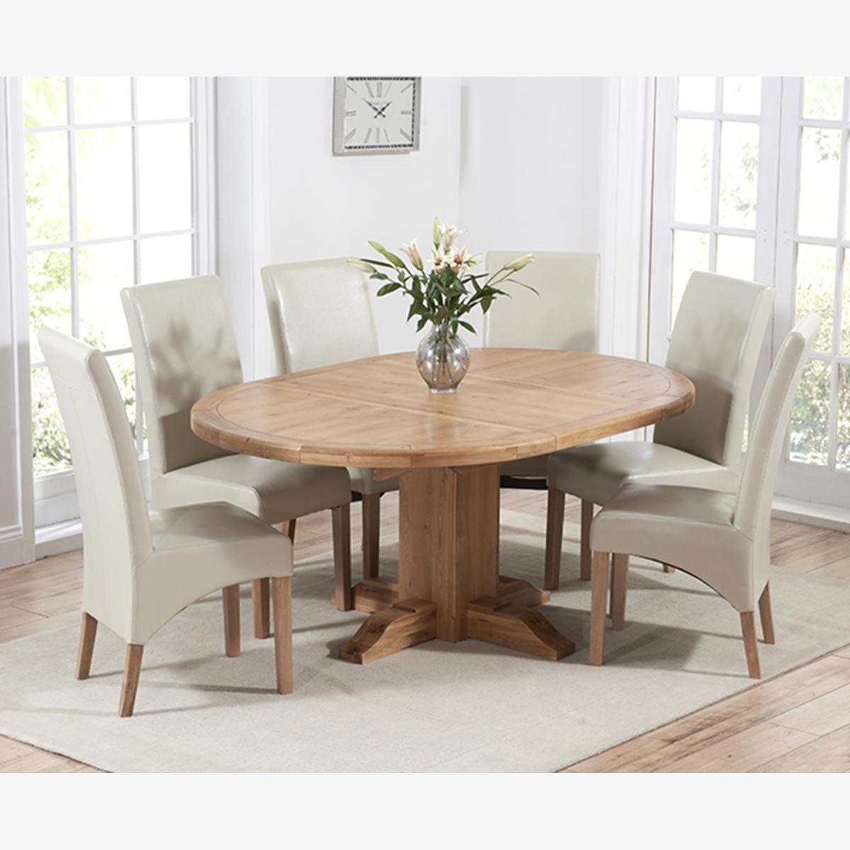 Torino Solid Oak Extending Pedestal Dining Table With 6 Cream Cannes Chairs