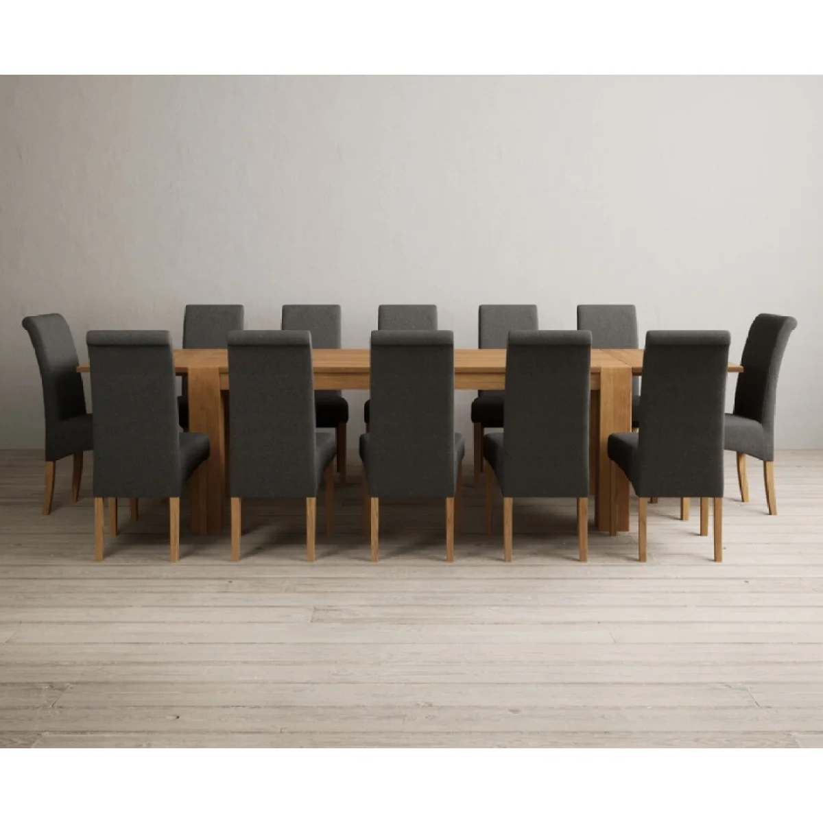 Sheringham 200cm Solid Oak Dining Table with Sheringham Oak Extensions (Pair) with 12 Charcoal Grey Scroll Back Chairs – image 2